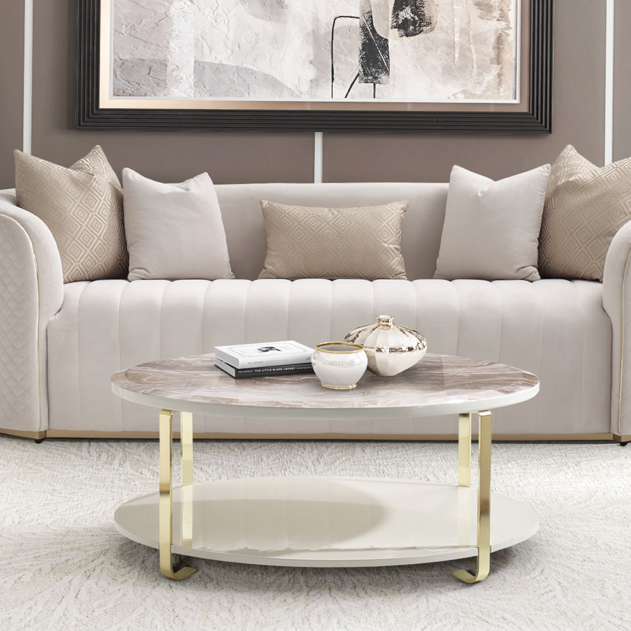Ariana Cocktail Table, living room, faux marble top, slender golden legs, sheer elegance, functional lower shelf, storing select items, impress, guests, glamorous centerpiece, moment's notice, dream art, michael amini