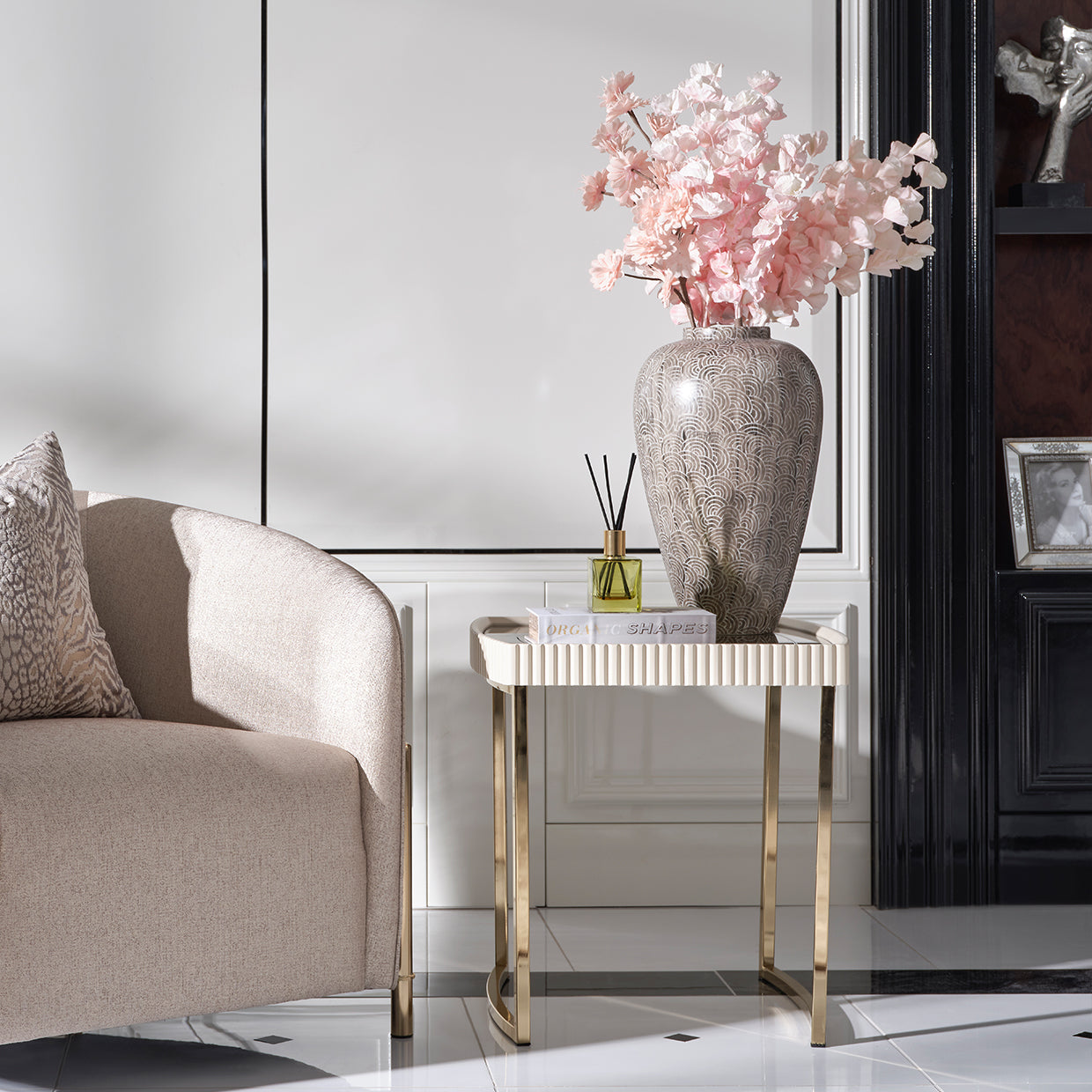 Sophisticated design, Lisbon Side Table, Living space, Timeless elegance, Functionality, Home décor, Silky matte apron, Reeded trim, Texture, Gold legs, Refinement, Visual, appeal, dream art , Michael amini, Side Table, Silken Matte Cream