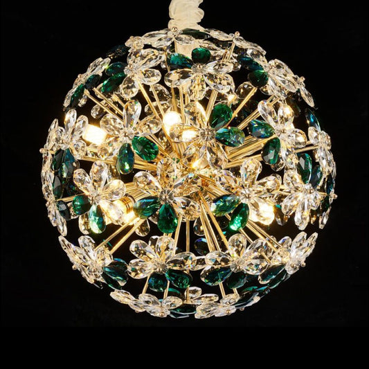 Emerald Bouquet Chandelier, Round Chandelier, Lighting Fixture, Home Lighting, Room Décor, Elegant Chandelier, Unique Lighting, Emerald Green Chandelier, Gold Accents, Clear Crystals, Warm Lighting, Inviting Atmosphere, Entertaining Space, Family Room Lighting, Intricate Detailing, dream art , Michael amini