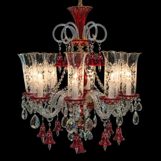 Winter Palace chandelier, light chandelier, Gold chandelier, Antique-inspired chandelier, Etched glass hurricane shades, Gold accents, Clear crystal beads, Delicate bell drops, Red or blue accents, Luxury lighting fixture, dream art, Michael amini