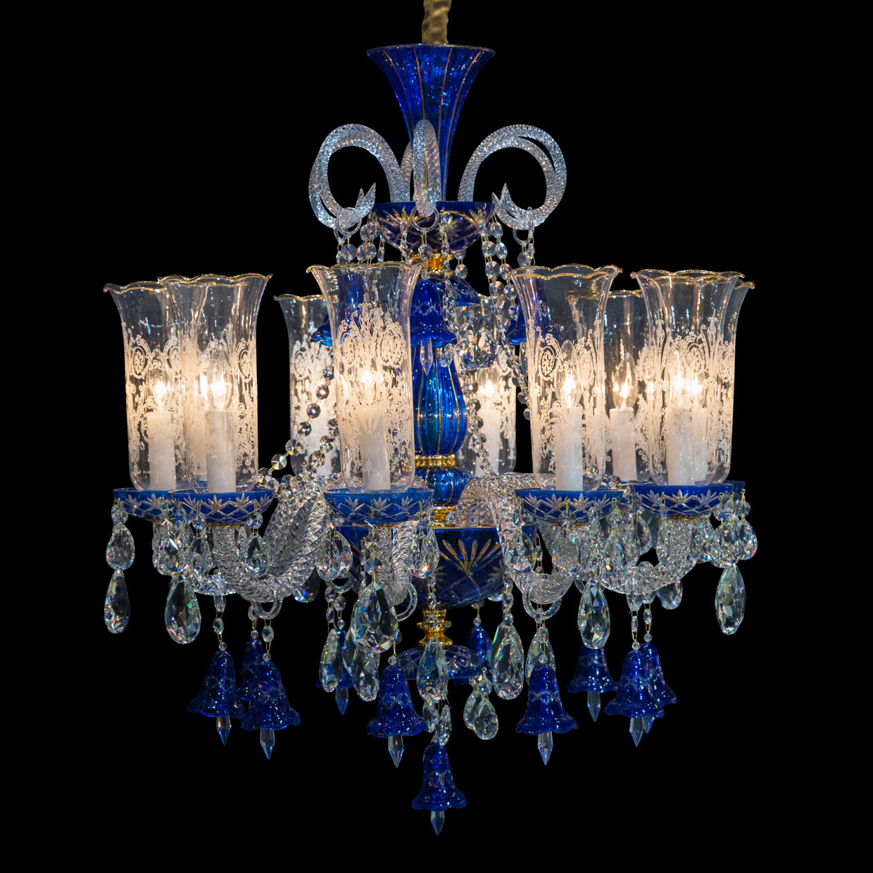 Winter Palace chandelier, light chandelier, Gold chandelier, Antique-inspired chandelier, Etched glass hurricane shades, Gold accents, Clear crystal beads, Delicate bell drops, Red or blue accents, Luxury lighting fixture, dream art, Michael amini