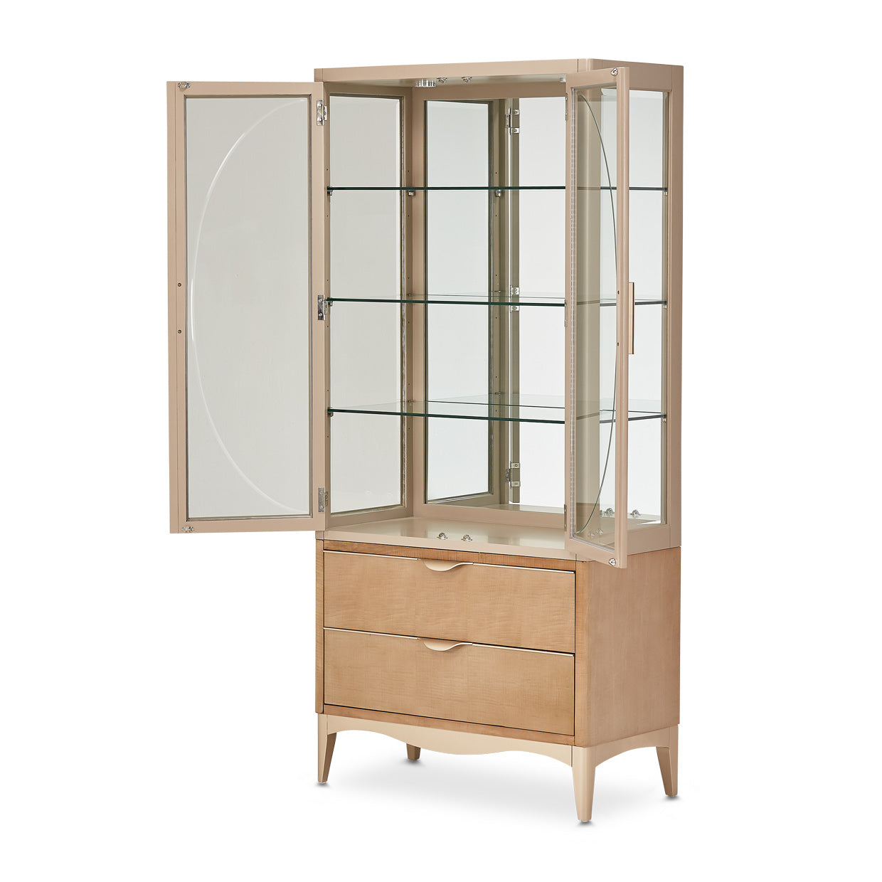 Display Cabinet (2 Pc), Malibu Crest Display Cabinet, Sophisticated display solution, Glass shelving, Mirrored back panel, LED display lighting, China display, Accents showcase, Hardwood solids construction, Pre-Dyed Swirl Mahogany veneer, Blush finish, Chardonnay accents, Velvet lined drawers, Self-closing glides, Curved waterfall pulls, Chardonnay finish details, Home decor highlight, Illuminated display, Elegant storage, solution, Stylish display piece, dream art , Michael amini