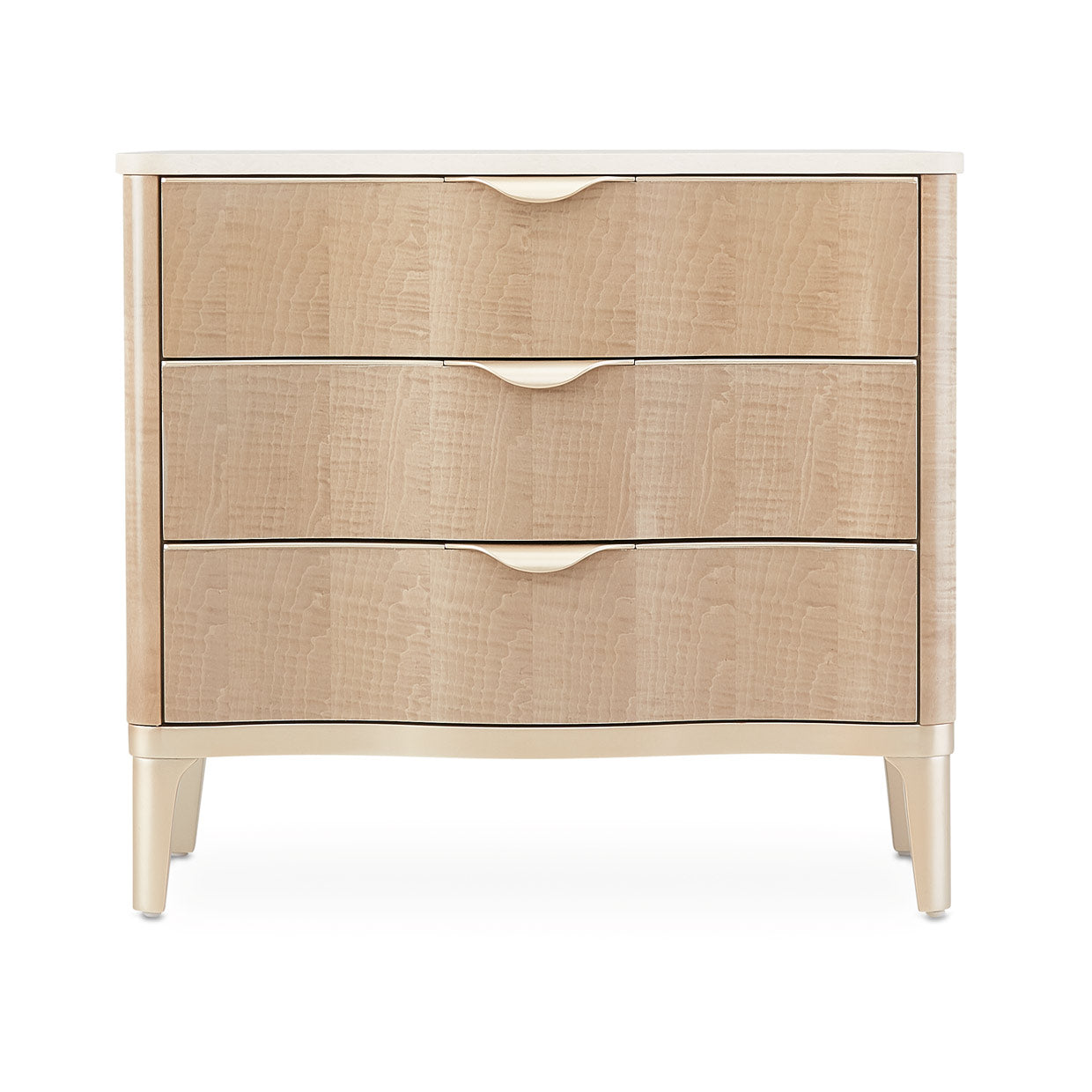 Malibu Crest Nightstand, Maple veneers, Waterfall handles, Cultured marble top, Hardwood solids, Blush finish, Chardonnay accents, Velvet lined drawers, Self-closing glides, Curved pulls, Pearl toned cultured marble, Bedroom furniture, dream art, Michael amini