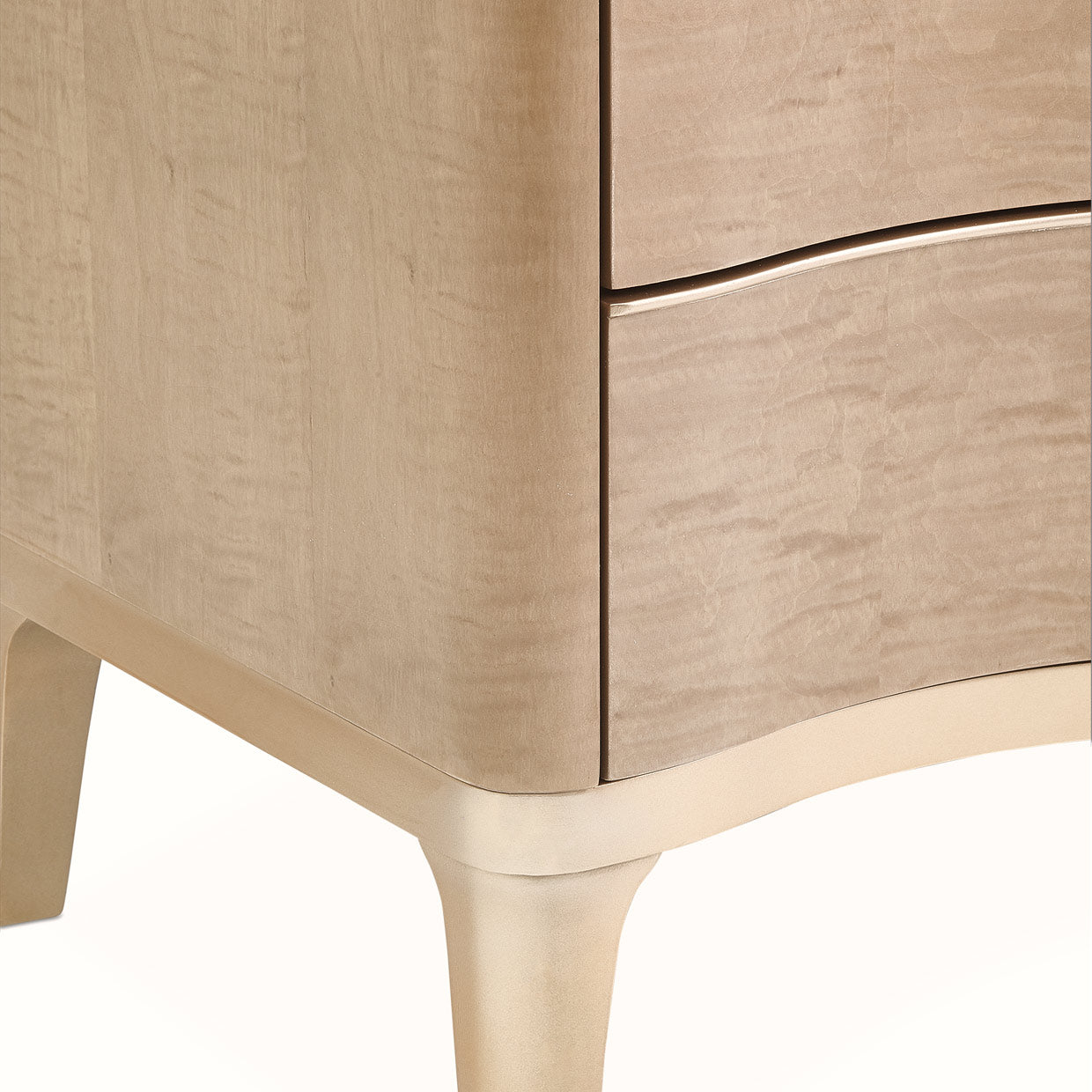 Malibu Crest Nightstand, Maple veneers, Waterfall handles, Cultured marble top, Hardwood solids, Blush finish, Chardonnay accents, Velvet lined drawers, Self-closing glides, Curved pulls, Pearl toned cultured marble, Bedroom furniture, dream art, Michael amini