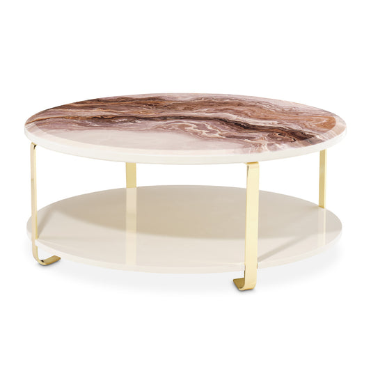 Ariana Cocktail Table, living room, faux marble top, slender golden legs, sheer elegance, functional lower shelf, storing select items, impress, guests, glamorous centerpiece, moment's notice, dream art, michael amini