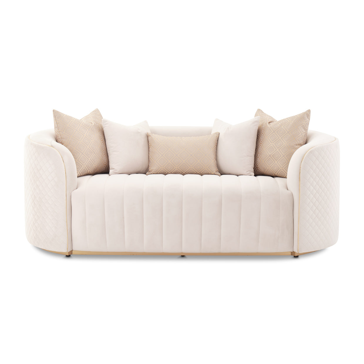 Ariana loveseat, Intimate luxury, Exquisite accent pillows, Gold jacquard, Velvety beige, plushness, Oblong centerpiece, Personal seating experience, Quiet evenings, Heartfelt, conversations, michael amini, Loveseat, Beige,  Gold, dream art 