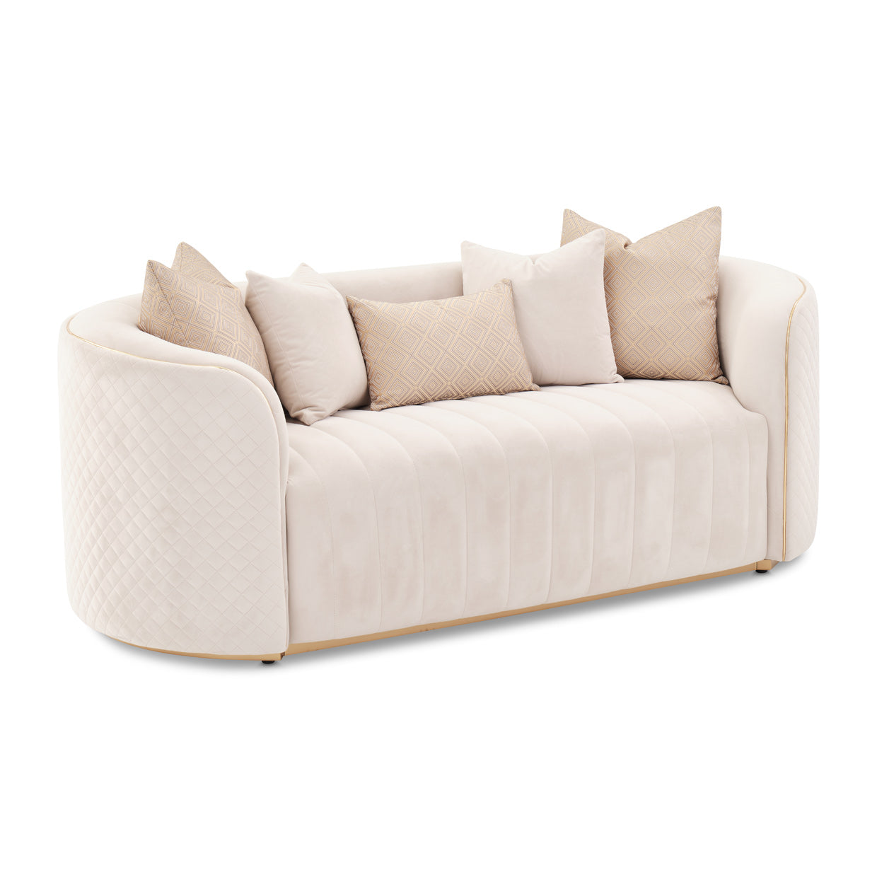 Ariana loveseat, Intimate luxury, Exquisite accent pillows, Gold jacquard, Velvety beige, plushness, Oblong centerpiece, Personal seating experience, Quiet evenings, Heartfelt, conversations, michael amini, Loveseat, Beige,  Gold, dream art 
