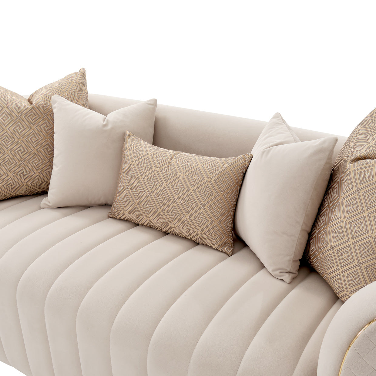 Ariana loveseat, Intimate luxury, Exquisite accent pillows, Gold jacquard, Velvety beige, plushness, Oblong centerpiece, Personal seating experience, Quiet evenings, Heartfelt, conversations, michael amini, Loveseat, Beige,  Gold, dream art , pillow