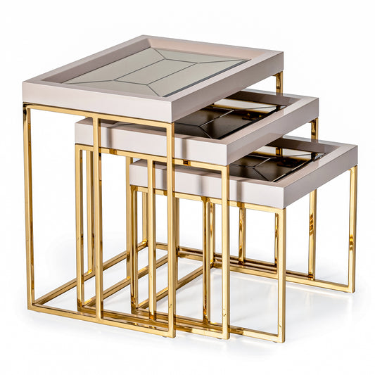 CARMELA, Nesting tables, Titanium gold finished leg, Shimmering ivory table tops, Mirror inlays, Opulence, Glamour, Attention to detail, Decorative pieces, Versatile, Stunning design, Exceptional functionality, Luxury living space, michael amini