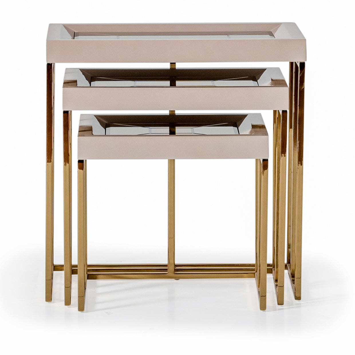 CARMELA, Nesting tables, Titanium gold finished leg, Shimmering ivory table tops, Mirror inlays, Opulence, Glamour, Attention to detail, Decorative pieces, Versatile, Stunning design, Exceptional functionality, Luxury living space, michael amini