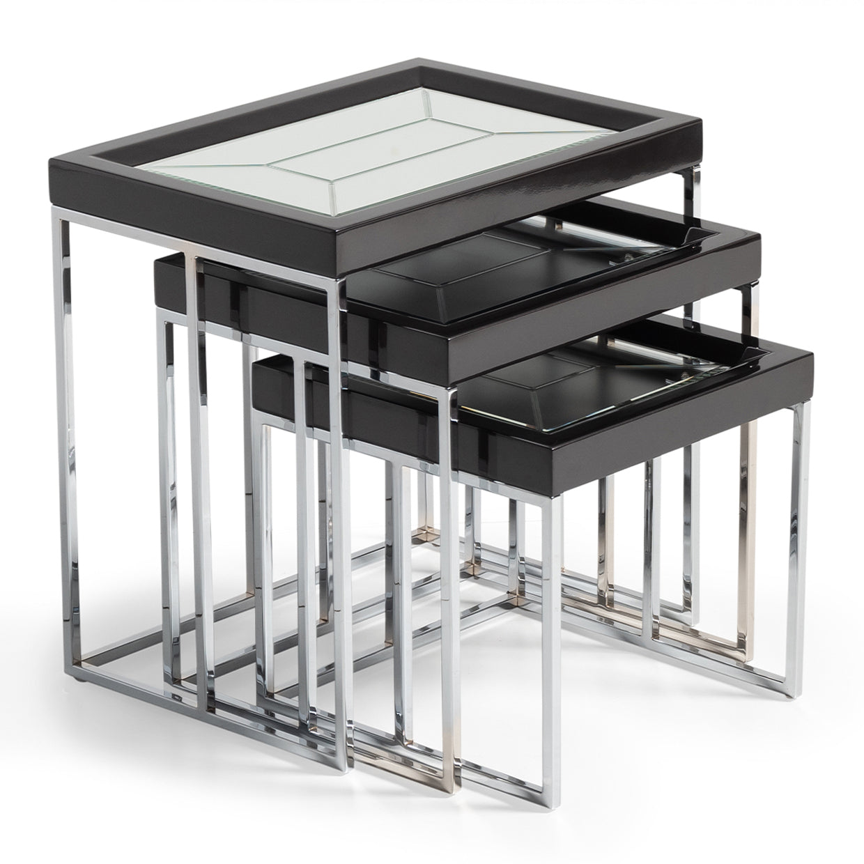 CARMELA, Nesting tables, Titanium gold finished leg, Glossy Charcoal Sand, Mirror inlays, Opulence, Glamour, Attention to detail, Decorative pieces, Versatile, Stunning design, Exceptional functionality, Luxury living space, michael amini