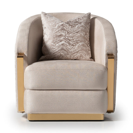 CARMELA, Chair Almond Gold, Refinement, Indulgence, Striking centerpiece, Jacquard fabric, Titanium gold, Metal band arms, Opulence, Stunning design, Marble look velvet, Timeless grandeur, Luxury, Marble pattern, Accent pillow, Artistry