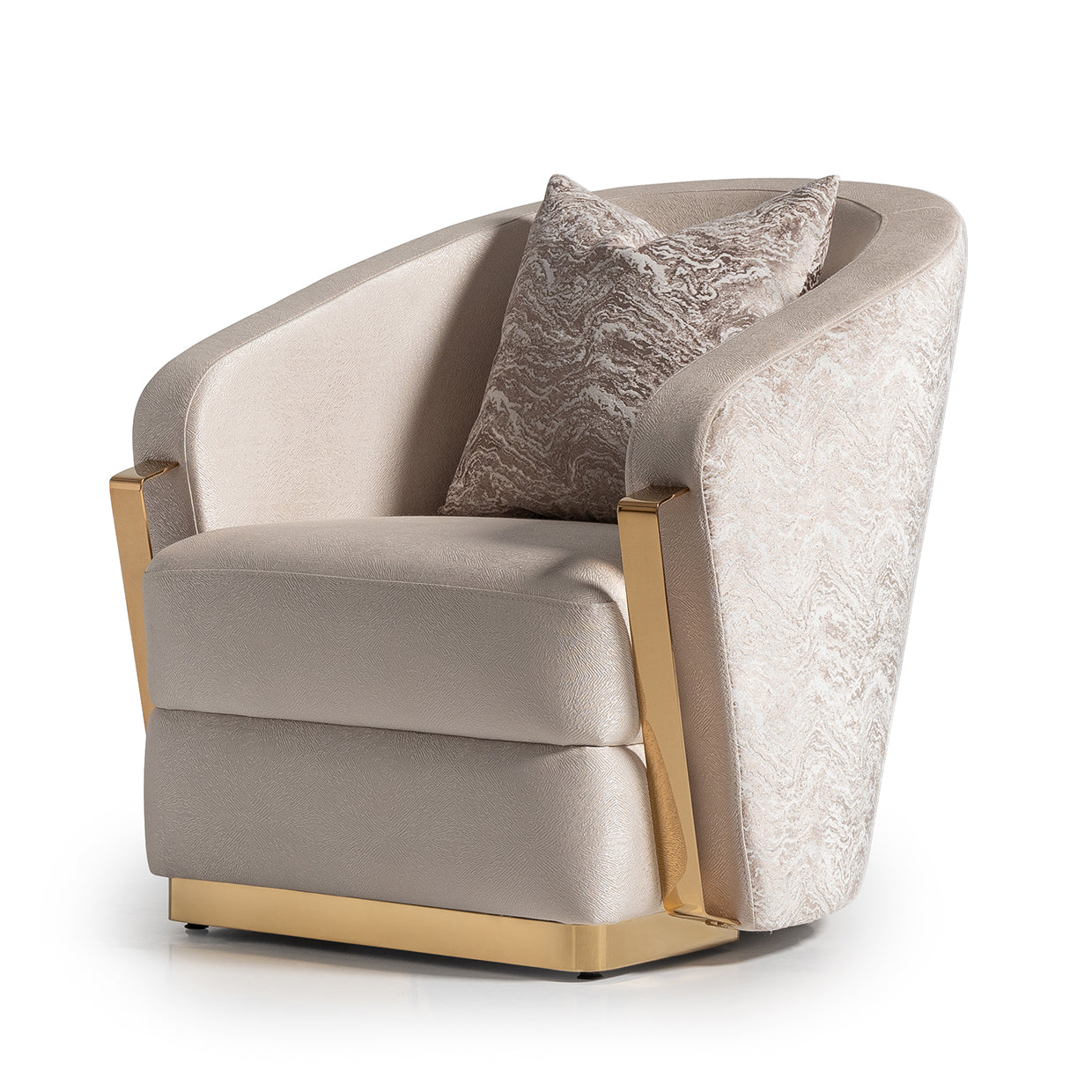 CARMELA, Chair Almond Gold, 1.	Refinement, Indulgence, Striking centerpiece, Jacquard fabric, Titanium gold, Metal band arms, Opulence, Stunning design, Marble look velvet, Timeless grandeur, Luxury, Marble pattern, Accent pillow, Artistry