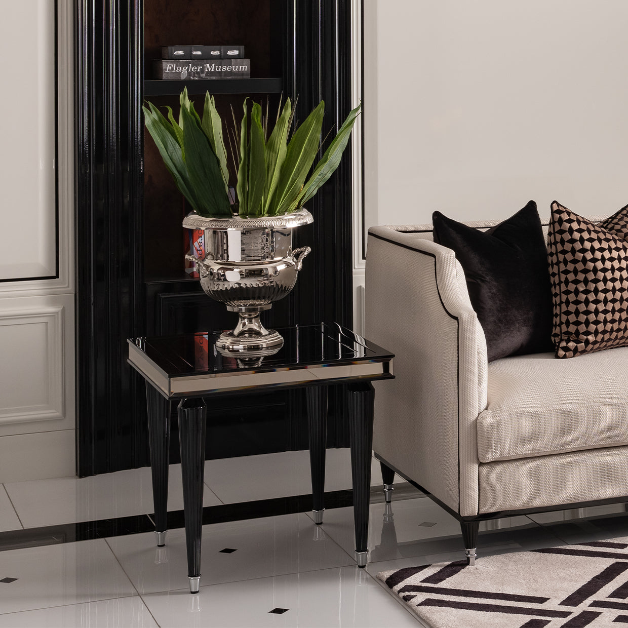 Side Table, Black Ice, Mirrored end table, Luxurious ensemble, Seating piece companion, Luxury accent table, Glamour, Room décor, Home furnishing, Interior design, dream art , Michael amini