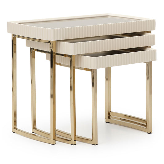 Nesting Tables, Silken Matte Cream, Home décor, Lisbon Nesting Tables, Versatile, Stylish, Living space, Elegant tables, Silky matte tops, Reeded trims, Space-saving, Gold legs, Refinement, Mirrored inlays, Visual appeal, Luxurious charm, dream art , Michael amini 