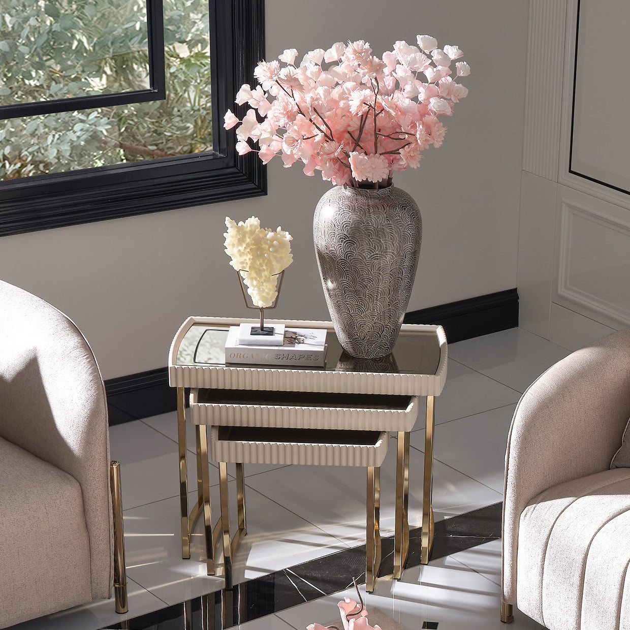 Nesting Tables, Silken Matte Cream, Home décor, Lisbon Nesting Tables, Versatile, Stylish, Living space, Elegant tables, Silky matte tops, Reeded trims, Space-saving, Gold legs, Refinement, Mirrored inlays, Visual appeal, Luxurious charm, dream art , Michael amini 
