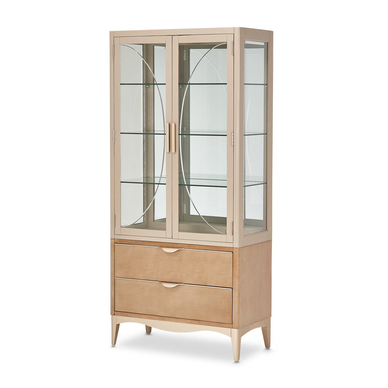 Display Cabinet (2 Pc), Malibu Crest Display Cabinet, Sophisticated display solution, Glass shelving, Mirrored back panel, LED display lighting, China display, Accents showcase, Hardwood solids construction, Pre-Dyed Swirl Mahogany veneer, Blush finish, Chardonnay accents, Velvet lined drawers, Self-closing glides, Curved waterfall pulls, Chardonnay finish details, Home decor highlight, Illuminated display, Elegant storage, solution, Stylish display piece, dream art , Michael amini