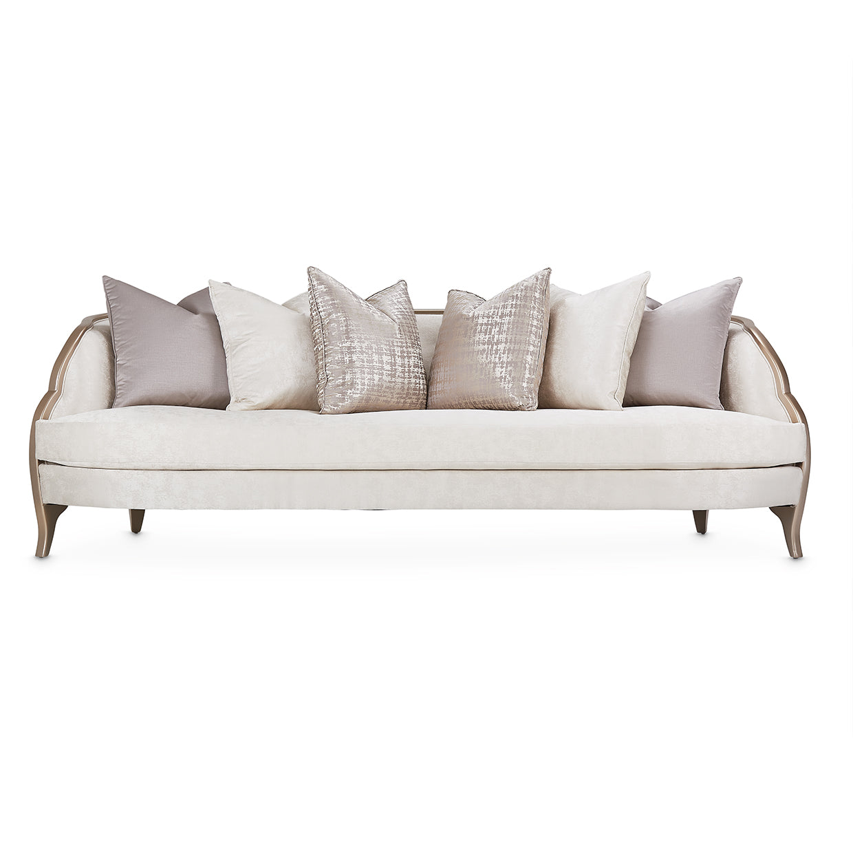 MalibuCrest Sofa, Romance-inspired sofa, Curved sofa design, V-notch arms, Chardonnay finish, Cloud White upholstery, Tonal marble jacquard fabric, Softly textured seat, Winged sides, Accent pillows included, Home atmosphere enhancement, Elegant sofa, Living room centerpiece, Comfortable seating, Stylish sofa design, dream art, Michael amini