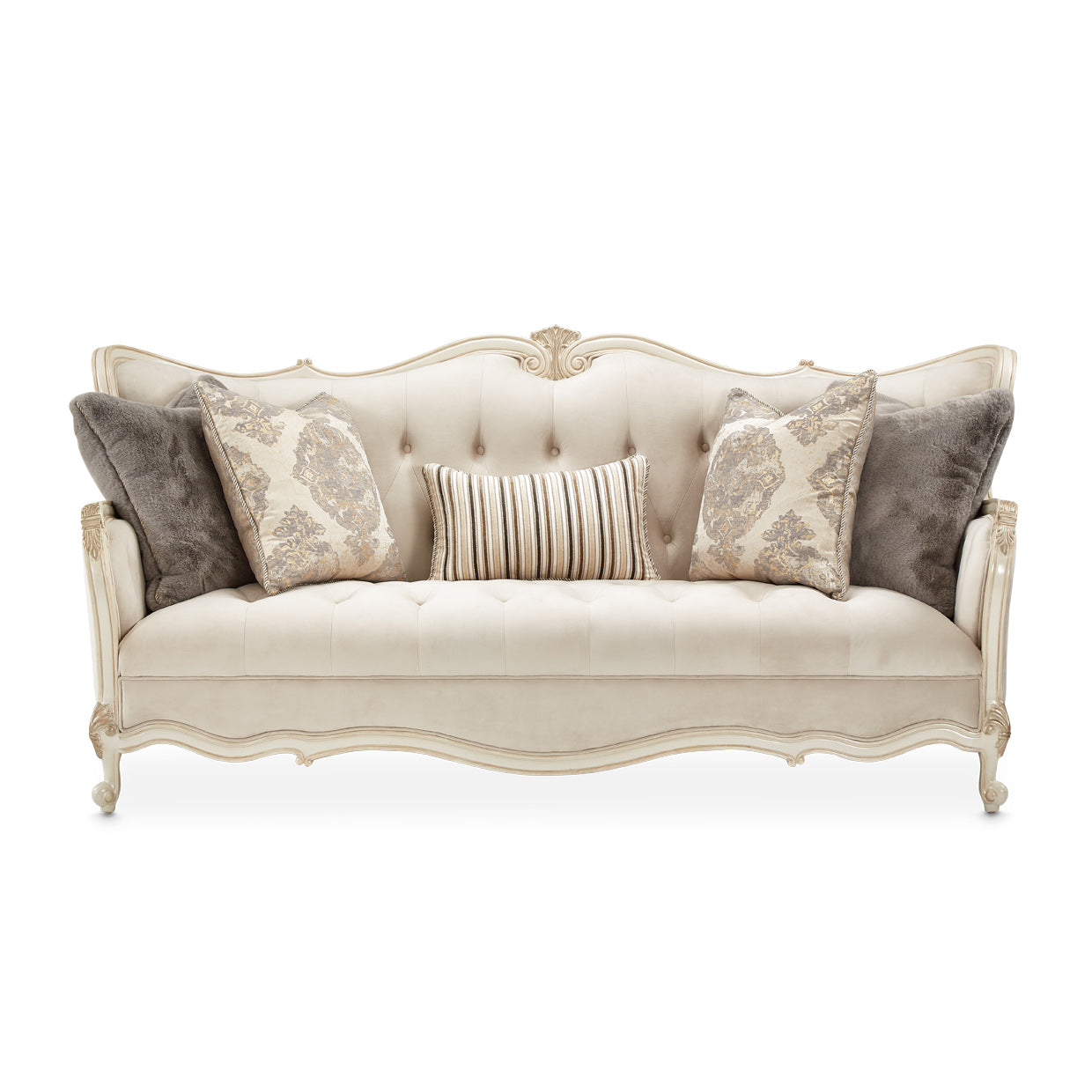 Lavelle-Classic Pearl, Sofa, French regal influence, scallop-shaped pieces, collection, classic French look, chic twist, hip, couture feel, upholstered pieces, Lavelle collection, class, style, Beveled inlaid glass, plush upholstery, generous storage, display spaces, antique hardware, genuine Swarovski crystal accents, design, detail, Upholstered, dream art, michael amini