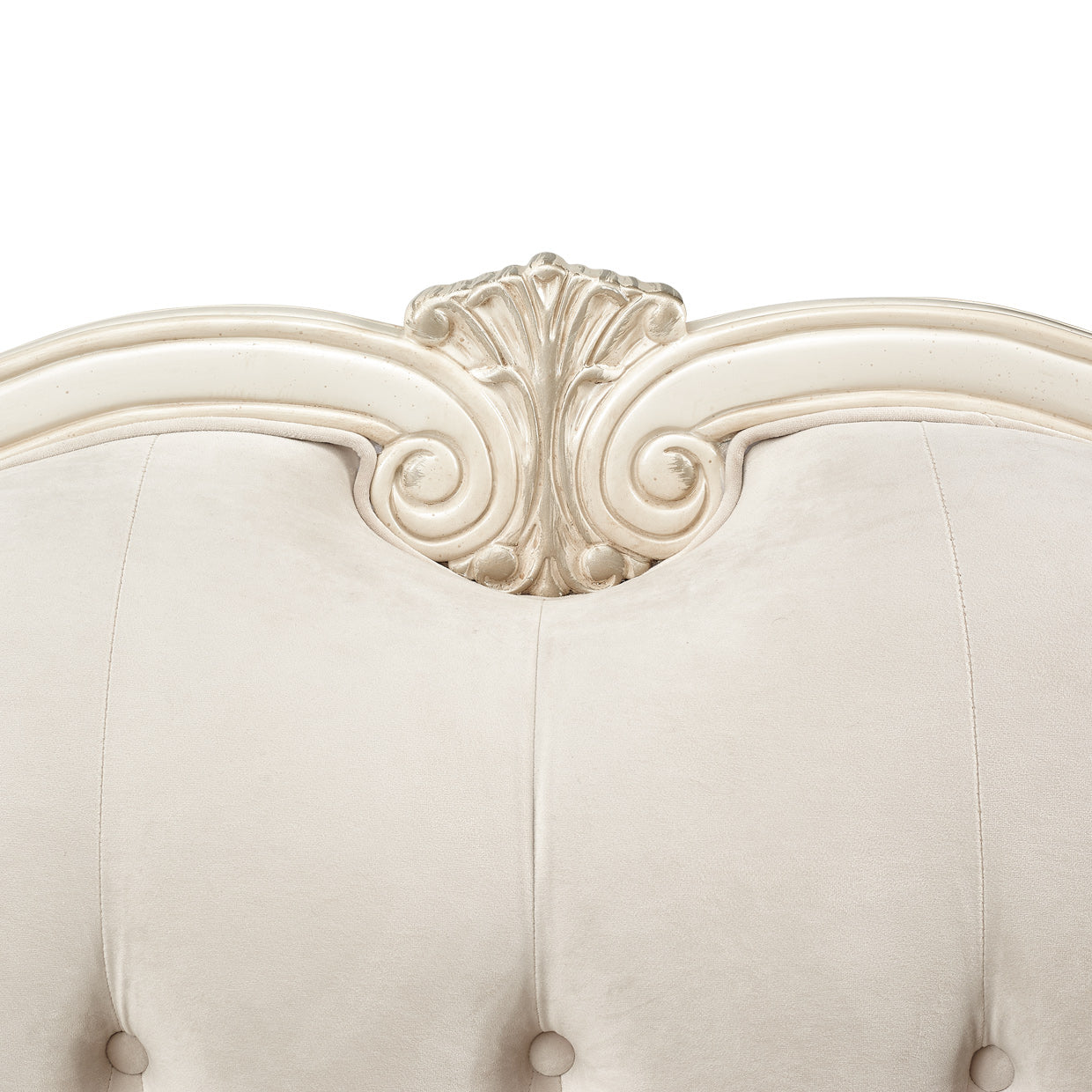 Lavelle-Classic Pearl, Sofa, French regal influence, scallop-shaped pieces, collection, classic French look, chic twist, hip, couture feel, upholstered pieces, Lavelle collection, class, style, Beveled inlaid glass, plush upholstery, generous storage, display spaces, antique hardware, genuine Swarovski crystal accents, design, detail, Upholstered, dream art, michael amini