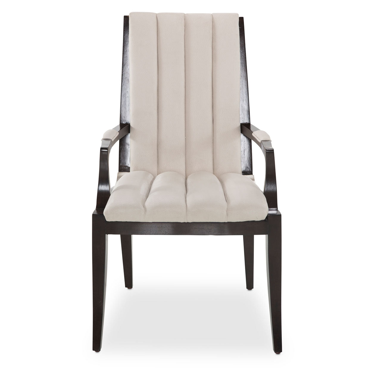 Paris Chic Armchair, Statement piece, Beautiful neutral channeling, Bold frame, Upgrade, Mealtime, Espresso-finished hardwood, Figured Eucalyptus Veneer, Faux suede, upholstery, Channeling, Armrests, Faux suede padding, dream art , Michael amini