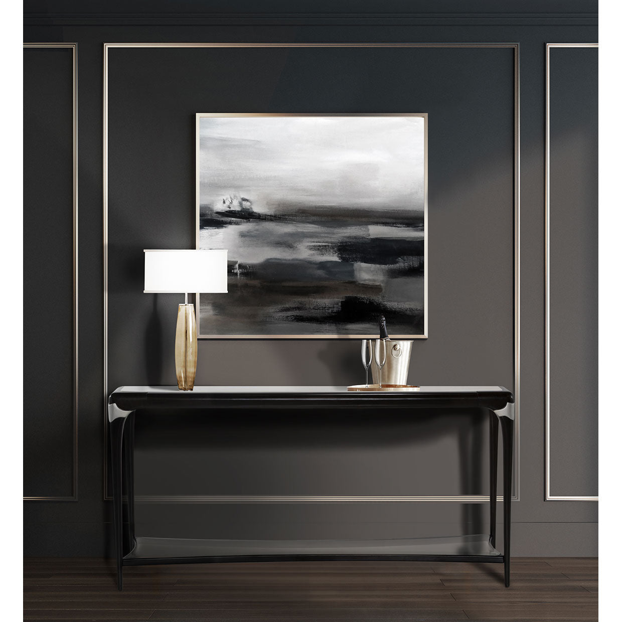 Paris Chic Console Table, Classy shapes, Glamorous home, Winged glass stretcher, Stunning, Accents, Family photos, Platinum finish, Cultured marble, Beveled glass, Wing shape, dream art , Michael amini