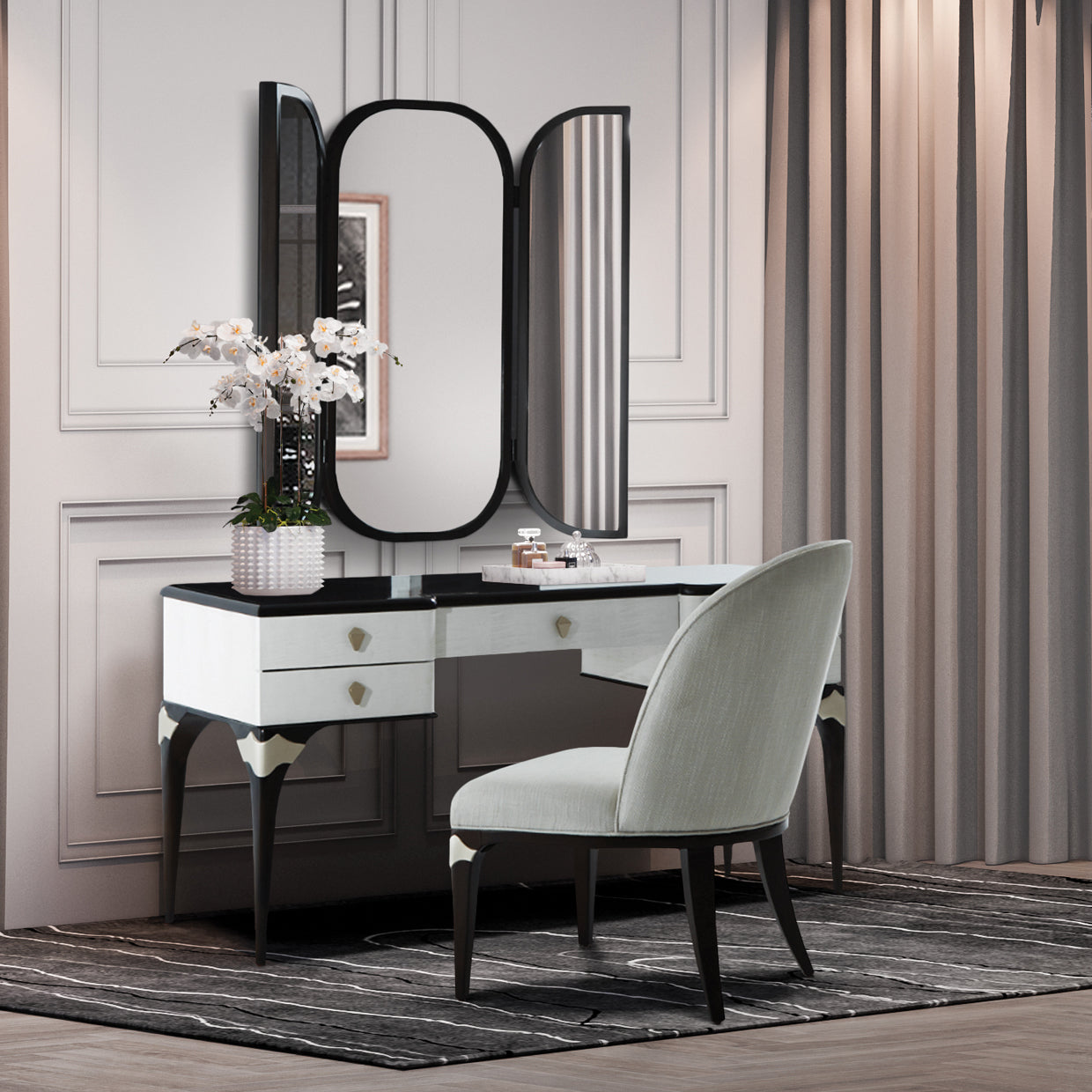 Paris Chic Vanity Desk Chair, Glamorous, Frosted linen seat, Curving shape, Classy, silhouette, Espresso-finished hardwood, Figured Eucalyptus Veneer, Sloping sides, Textured fabric, Frosted linen, Platinum accents, dream art , Michael amini