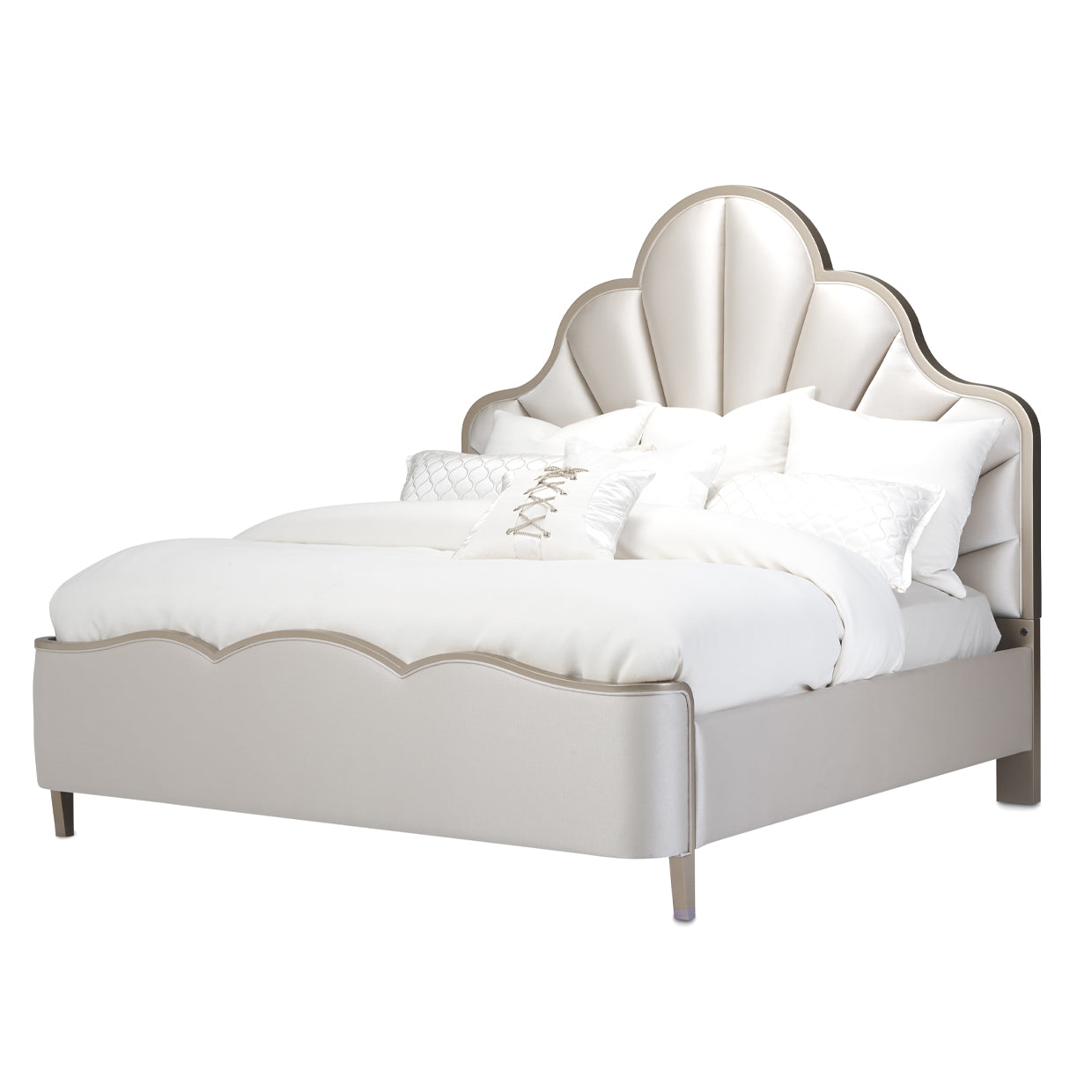 Cal King Scalloped Panel Bed, Malibu Crest Scalloped Panel Bed, Curved fan panel, headboard, USB chargers, Silky paneling, Scalloped channel fan design, Faux silk, upholstery, Porcelain color, Footboard scalloped trim, Chardonnay finish, dream art, Michael amini