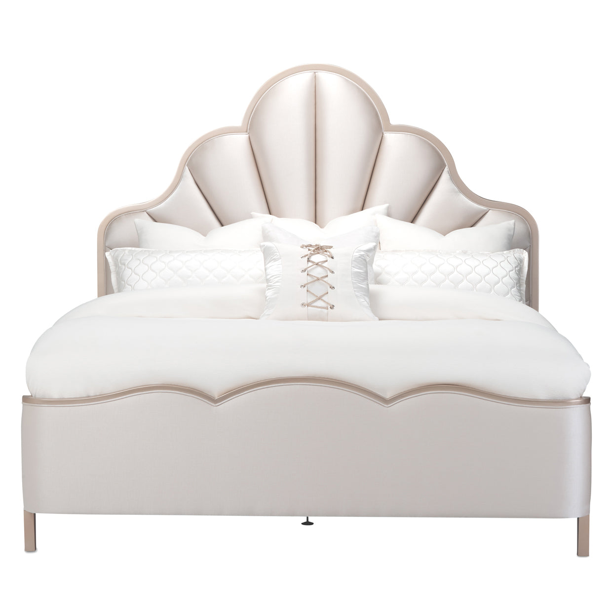 Cal King Scalloped Panel Bed, Malibu Crest Scalloped Panel Bed, Curved fan panel, headboard, USB chargers, Silky paneling, Scalloped channel fan design, Faux silk, upholstery, Porcelain color, Footboard scalloped trim, Chardonnay finish, dream art, Michael amini