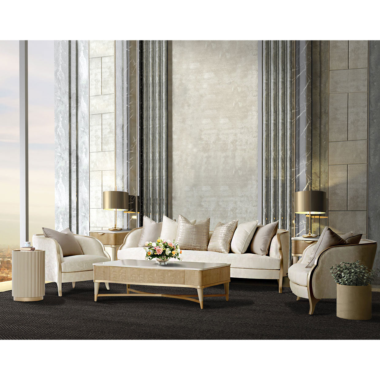 MalibuCrest Sofa, Romance-inspired sofa, Curved sofa design, V-notch arms, Chardonnay finish, Cloud White upholstery, Tonal marble jacquard fabric, Softly textured seat, Winged sides, Accent pillows included, Home atmosphere enhancement, Elegant sofa, Living room centerpiece, Comfortable seating, Stylish sofa design, dream art, Michael amini