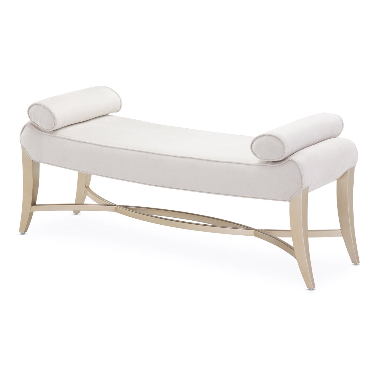 Malibu Crest Bed Bench, Classic silhouette, Modern luxury, Bedroom seating, Soft neutrals, Club chair silhouette, Faux suede upholstery, Doeskin color, Chardonnay finish, Bedroom furniture, dream art, Michael amini
