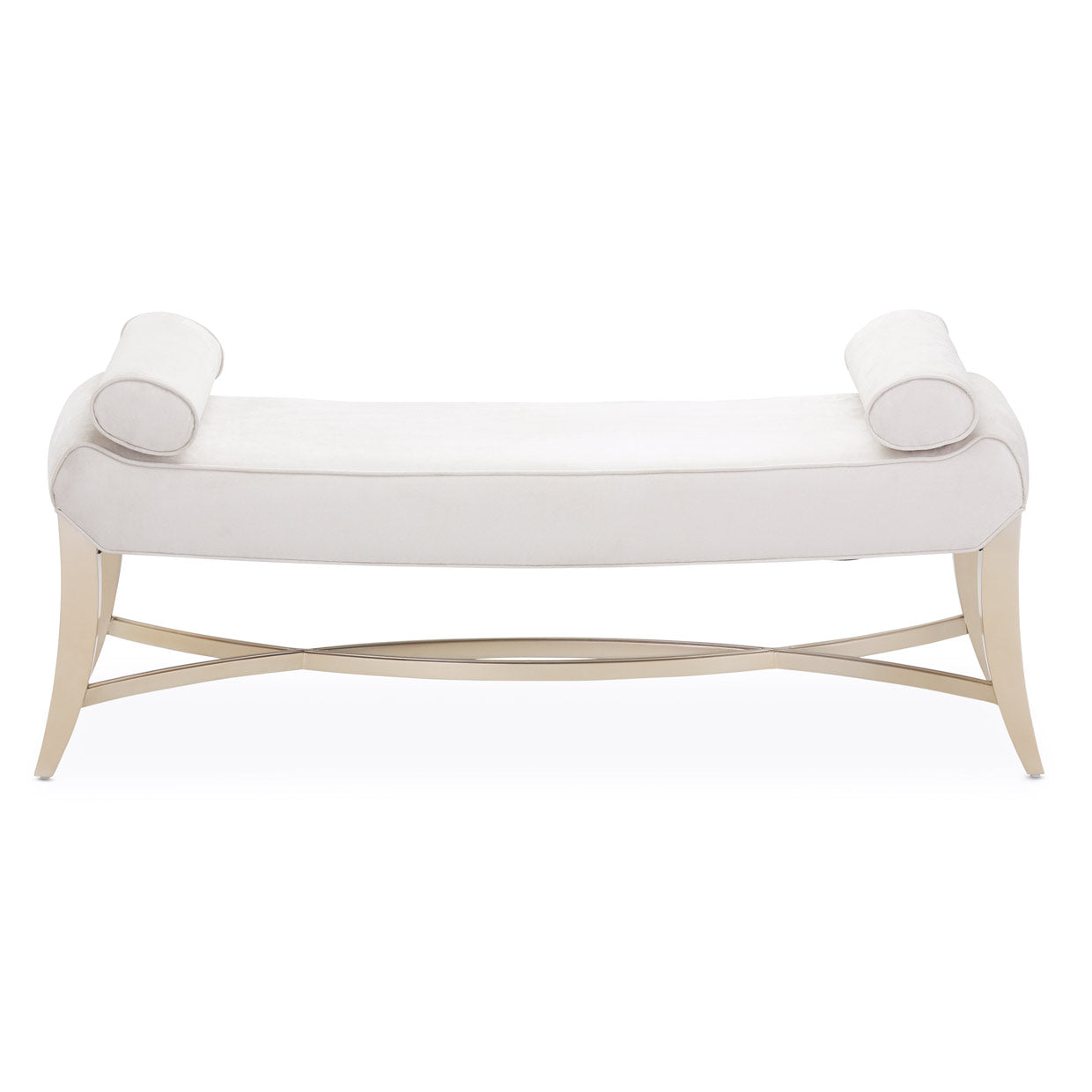 Malibu Crest Bed Bench, Classic silhouette, Modern luxury, Bedroom seating, Soft neutrals, Club chair silhouette, Faux suede upholstery, Doeskin color, Chardonnay finish, Bedroom furniture, dream art, Michael amini